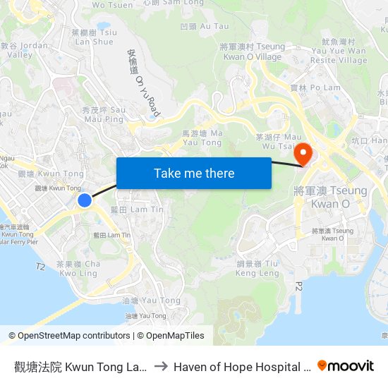 觀塘法院 Kwun Tong Law Courts to Haven of Hope Hospital 靈實醫院 map