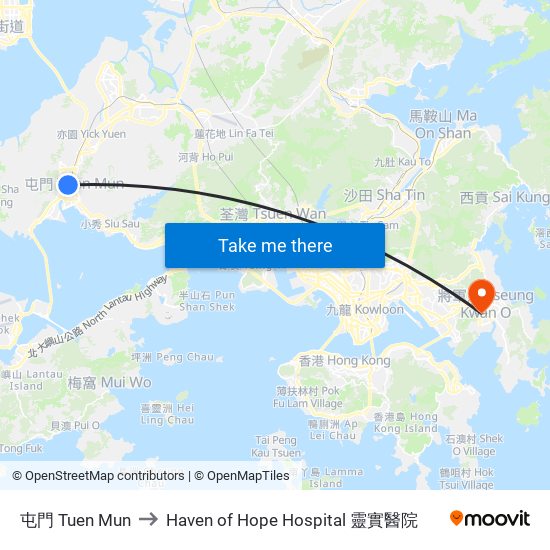 屯門 Tuen Mun to Haven of Hope Hospital 靈實醫院 map