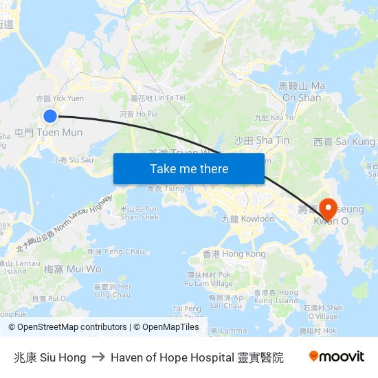 兆康 Siu Hong to Haven of Hope Hospital 靈實醫院 map