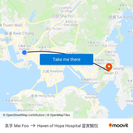 美孚 Mei Foo to Haven of Hope Hospital 靈實醫院 map