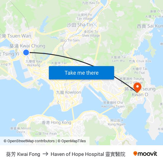 葵芳 Kwai Fong to Haven of Hope Hospital 靈實醫院 map