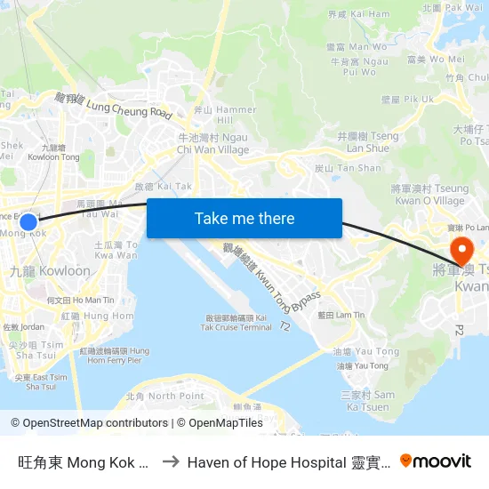 旺角東 Mong Kok East to Haven of Hope Hospital 靈實醫院 map