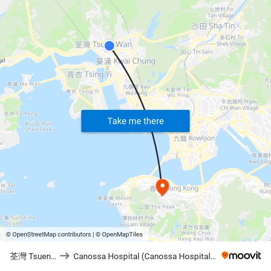 荃灣 Tsuen Wan to Canossa Hospital (Canossa Hospital 嘉諾撒醫院) map