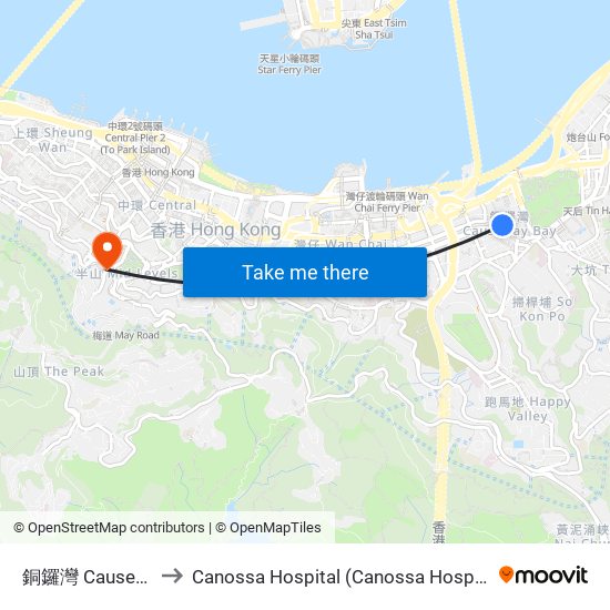 銅鑼灣 Causeway Bay to Canossa Hospital (Canossa Hospital 嘉諾撒醫院) map