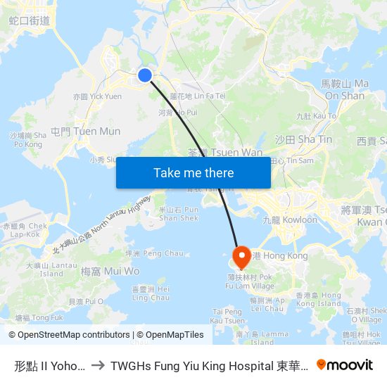 形點 II Yoho Mall II to TWGHs Fung Yiu King Hospital 東華三院馮堯敬醫院 map