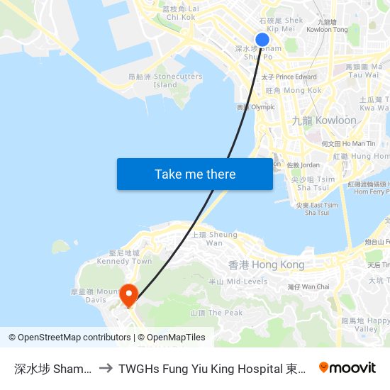 深水埗 Sham Shui Po to TWGHs Fung Yiu King Hospital 東華三院馮堯敬醫院 map