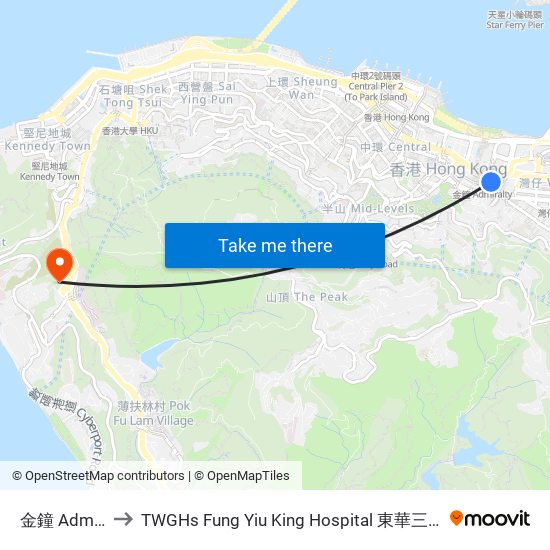 金鐘 Admiralty to TWGHs Fung Yiu King Hospital 東華三院馮堯敬醫院 map