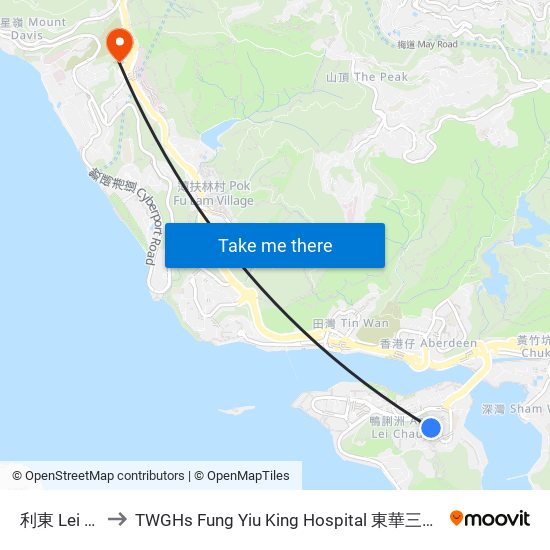 利東 Lei Tung to TWGHs Fung Yiu King Hospital 東華三院馮堯敬醫院 map