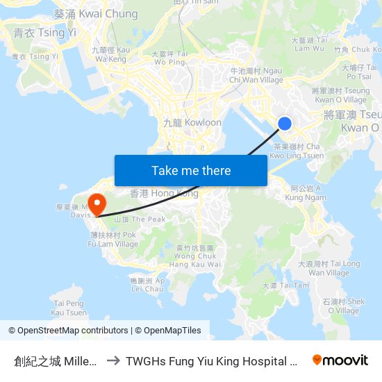 創紀之城 Millennium City to TWGHs Fung Yiu King Hospital 東華三院馮堯敬醫院 map