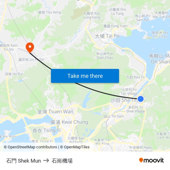 石門 Shek Mun to 石崗機場 map