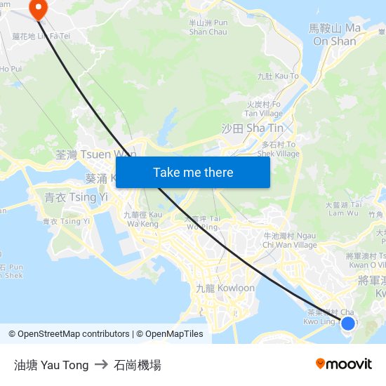 油塘 Yau Tong to 石崗機場 map