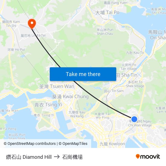 鑽石山 Diamond Hill to 石崗機場 map