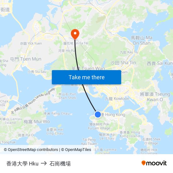 香港大學 Hku to 石崗機場 map