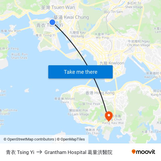 青衣 Tsing Yi to Grantham Hospital 葛量洪醫院 map