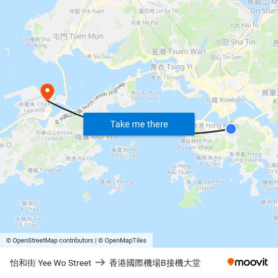 怡和街 Yee Wo Street to 香港國際機場B接機大堂 map