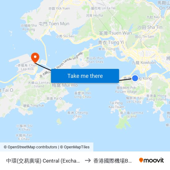 中環(交易廣場) Central (Exchange Square) to 香港國際機場B接機大堂 map