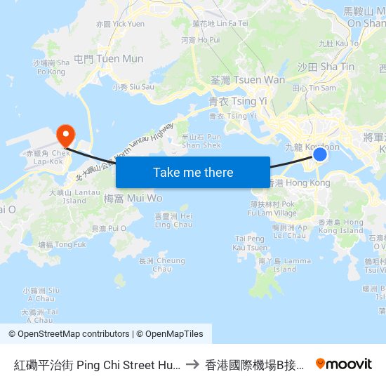 紅磡平治街 Ping Chi Street Hung Hom to 香港國際機場B接機大堂 map