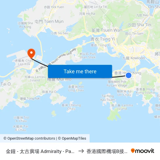 金鐘 - 太古廣場 Admiralty - Pacific Place to 香港國際機場B接機大堂 map