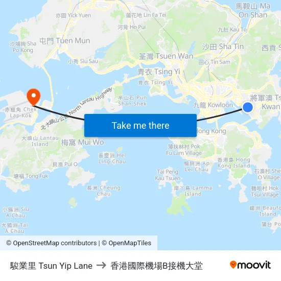 駿業里 Tsun Yip Lane to 香港國際機場B接機大堂 map