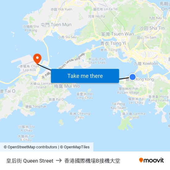 皇后街 Queen Street to 香港國際機場B接機大堂 map