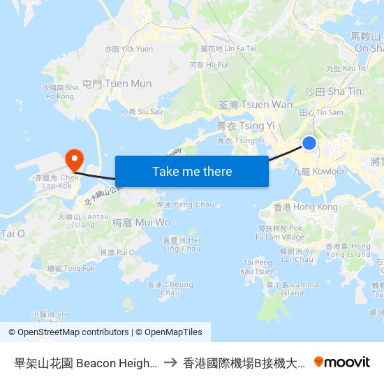 畢架山花園 Beacon Heights to 香港國際機場B接機大堂 map