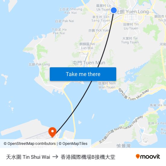 天水圍 Tin Shui Wai to 香港國際機場B接機大堂 map