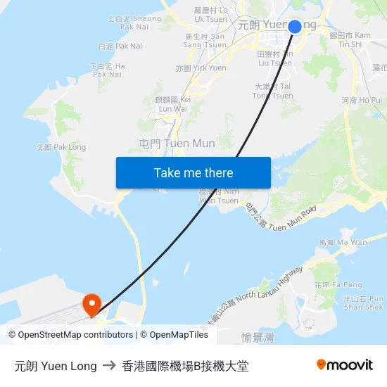 元朗 Yuen Long to 香港國際機場B接機大堂 map