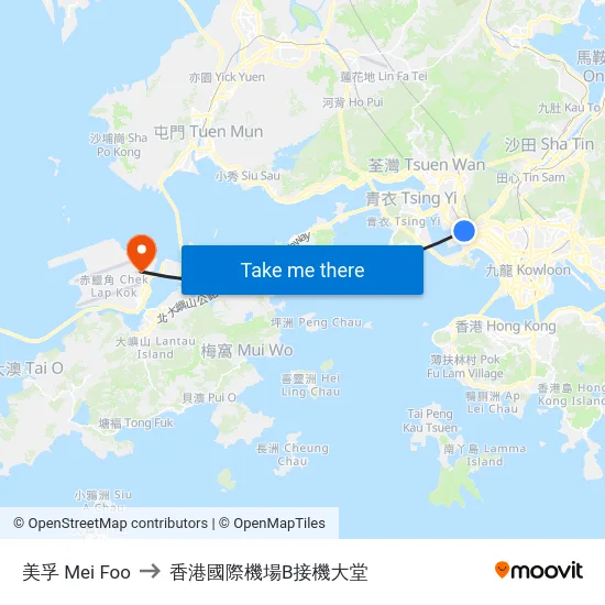美孚 Mei Foo to 香港國際機場B接機大堂 map
