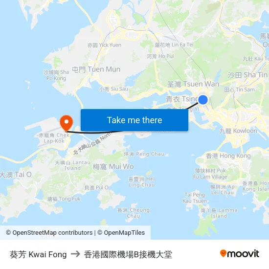 葵芳 Kwai Fong to 香港國際機場B接機大堂 map