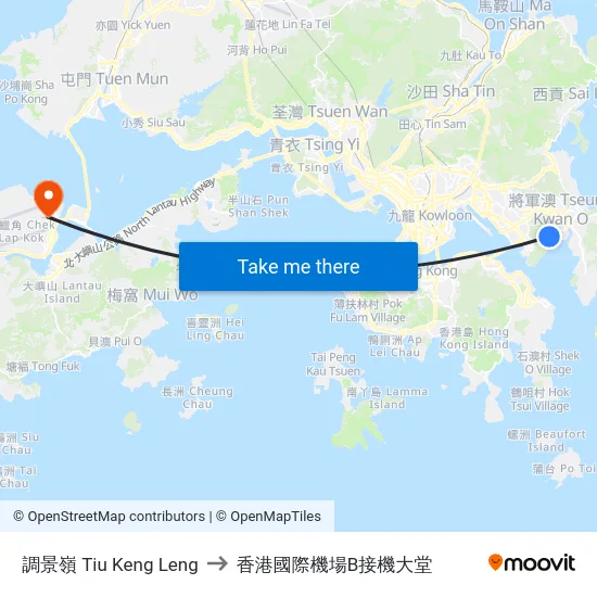 調景嶺 Tiu Keng Leng to 香港國際機場B接機大堂 map