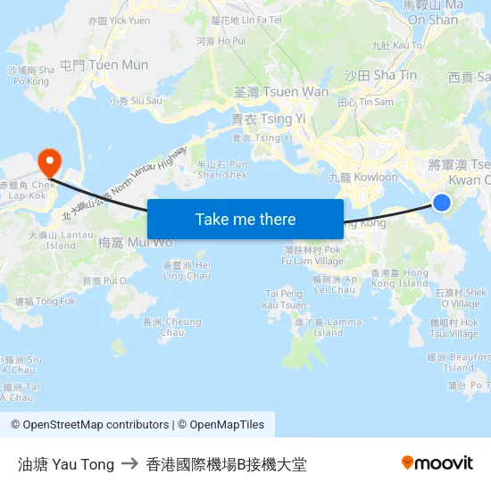 油塘 Yau Tong to 香港國際機場B接機大堂 map