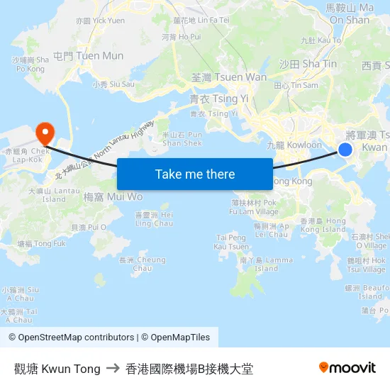 觀塘 Kwun Tong to 香港國際機場B接機大堂 map