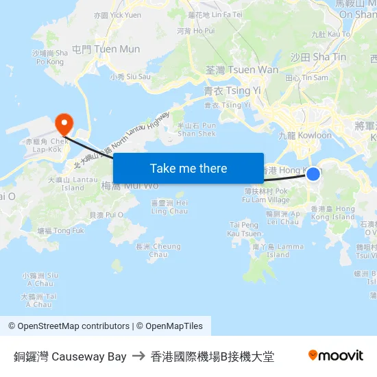 銅鑼灣 Causeway Bay to 香港國際機場B接機大堂 map