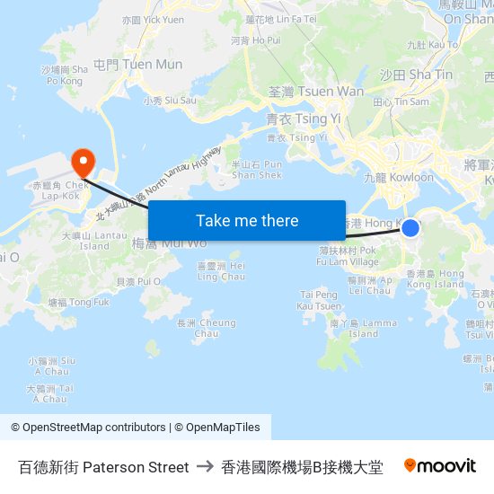 百德新街 Paterson Street to 香港國際機場B接機大堂 map