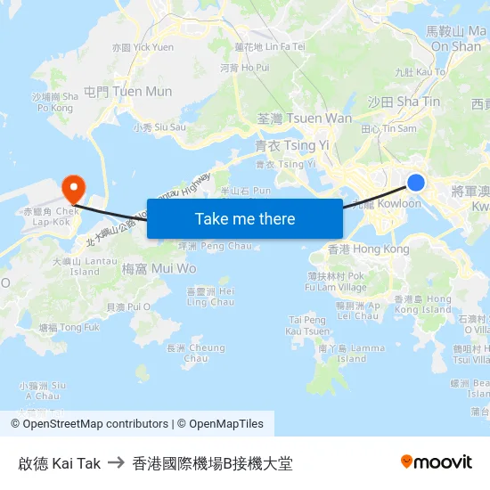 啟德 Kai Tak to 香港國際機場B接機大堂 map