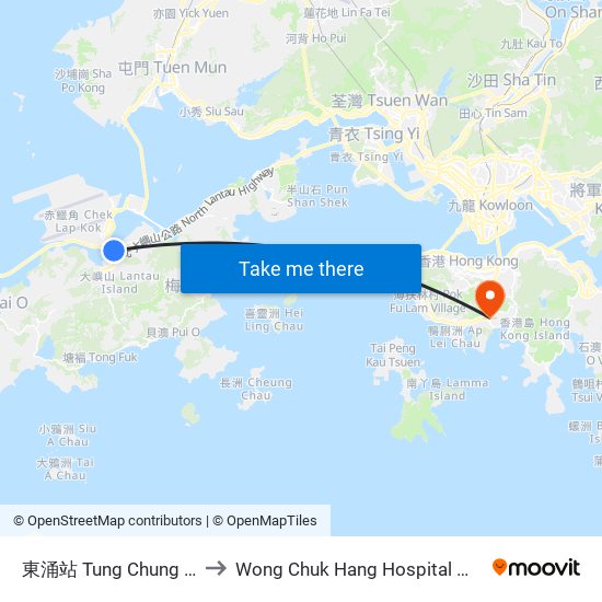 東涌站 Tung Chung Station to Wong Chuk Hang Hospital 黃竹坑醫院 map