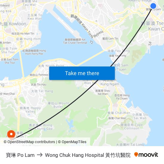 寶琳 Po Lam to Wong Chuk Hang Hospital 黃竹坑醫院 map