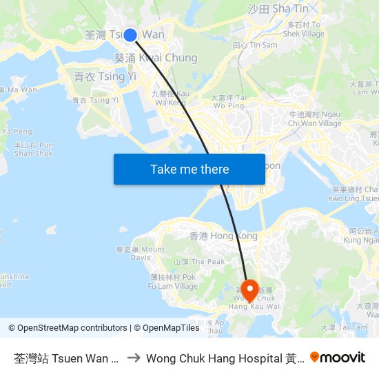 荃灣站 Tsuen Wan Station to Wong Chuk Hang Hospital 黃竹坑醫院 map