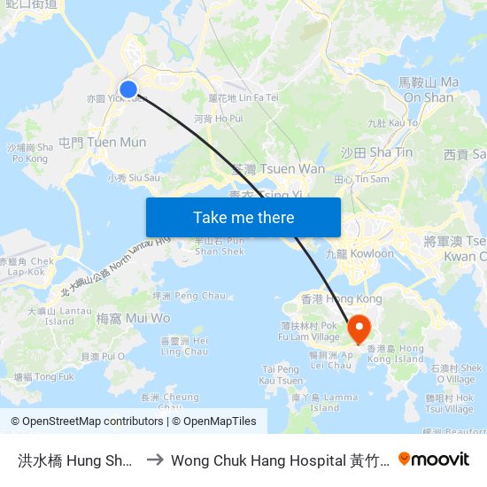 洪水橋 Hung Shui Kiu to Wong Chuk Hang Hospital 黃竹坑醫院 map
