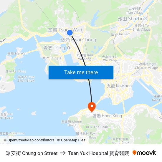 眾安街 Chung on Street to Tsan Yuk Hospital 贊育醫院 map