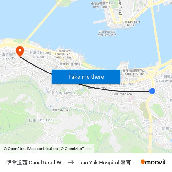 堅拿道西 Canal Road West to Tsan Yuk Hospital 贊育醫院 map