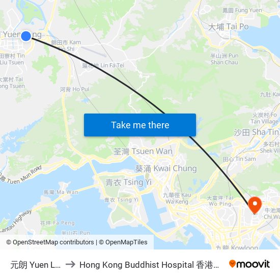 元朗 Yuen Long to Hong Kong Buddhist Hospital 香港佛教醫院 map