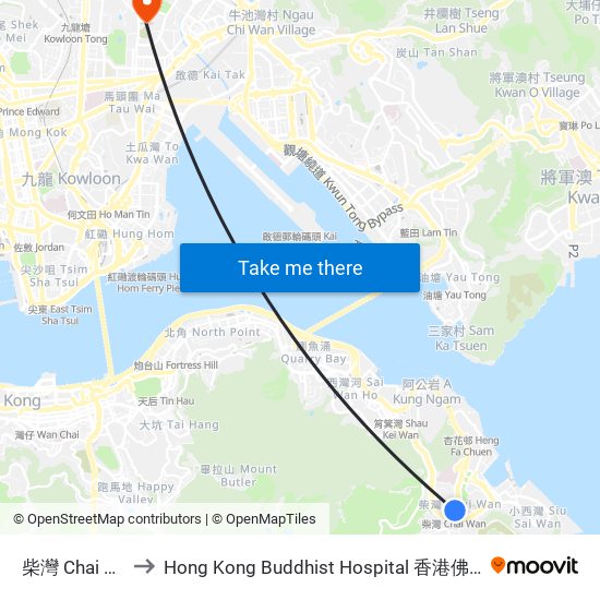 柴灣 Chai Wan to Hong Kong Buddhist Hospital 香港佛教醫院 map