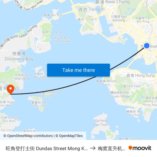 旺角登打士街 Dundas Street Mong Kok to 梅窝直升机坪 map