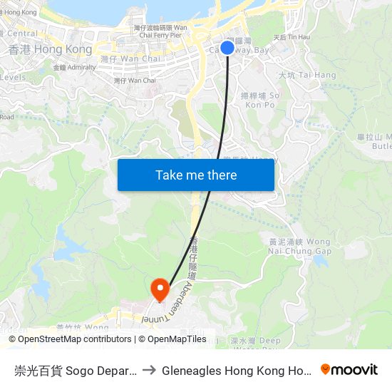 崇光百貨 Sogo Department Store to Gleneagles Hong Kong Hospital 港怡醫院 map