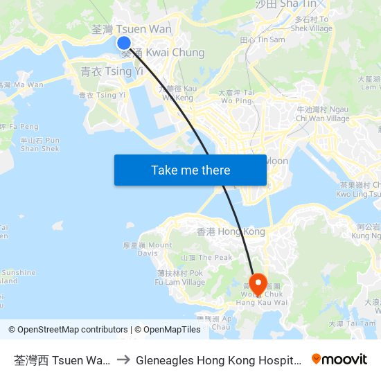 荃灣西 Tsuen Wan West to Gleneagles Hong Kong Hospital 港怡醫院 map