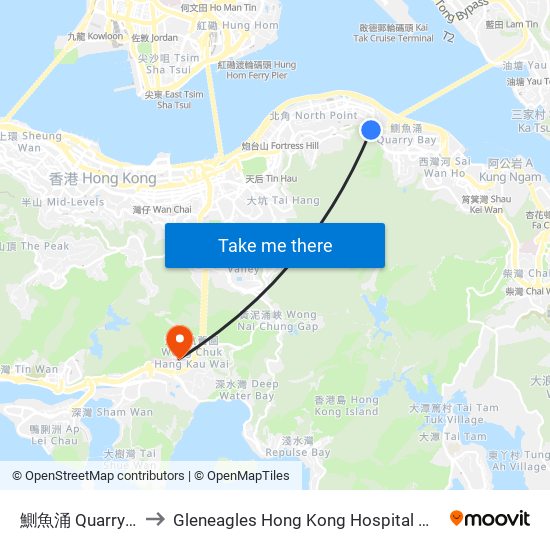 鰂魚涌 Quarry Bay to Gleneagles Hong Kong Hospital 港怡醫院 map