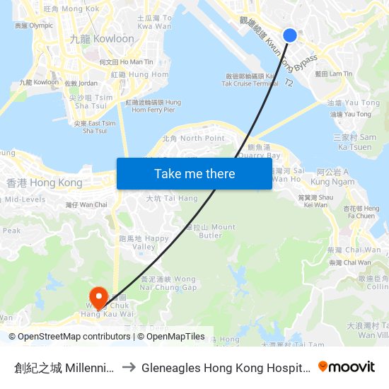 創紀之城 Millennium City to Gleneagles Hong Kong Hospital 港怡醫院 map