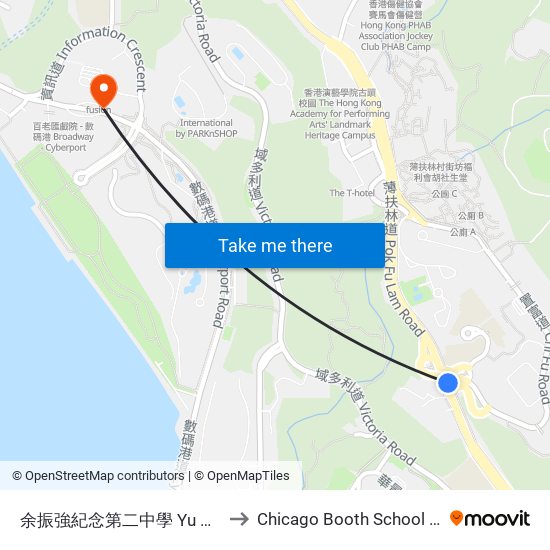 余振強紀念第二中學 Yu Chun Keung Memorial College No. 2 to Chicago Booth School of Business Hong Kong campus map