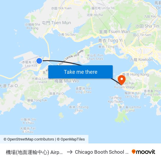 機場(地面運輸中心) Airport (Ground Transportation Centre) to Chicago Booth School of Business Hong Kong campus map